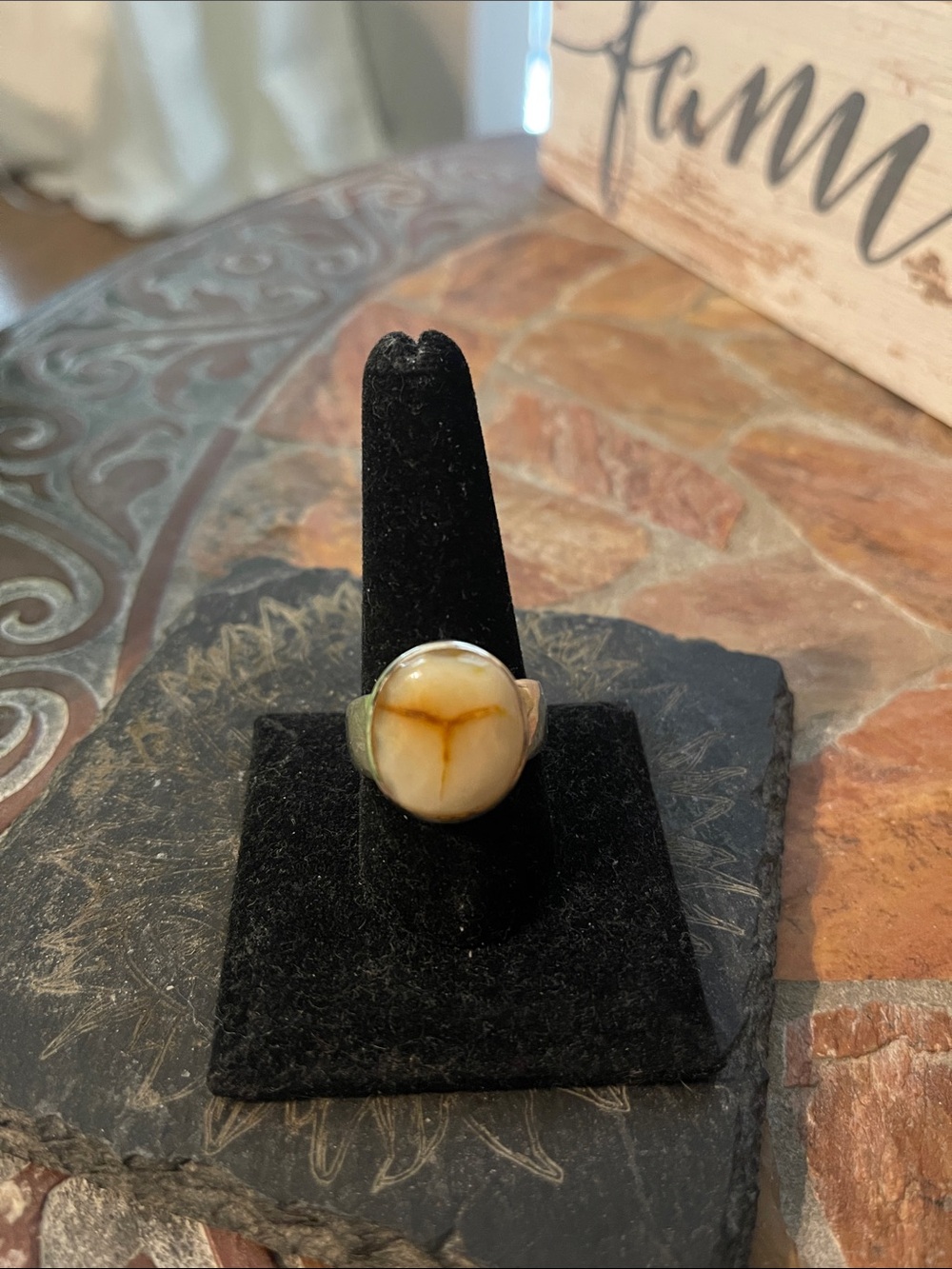 Sterling Silver Cream and Brown Agate Cabochon Ring- SZ 10